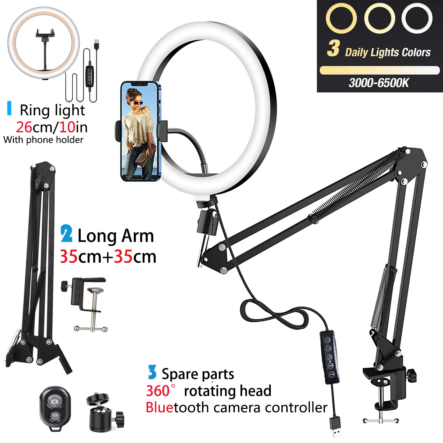 10 pollici RGB Selfie Ring Light Treppiede Supporto per telefono Fotografia RingLight Cerchio Luce di riempimento Lampada a colori a LED Trepied Makeup: 3300 k