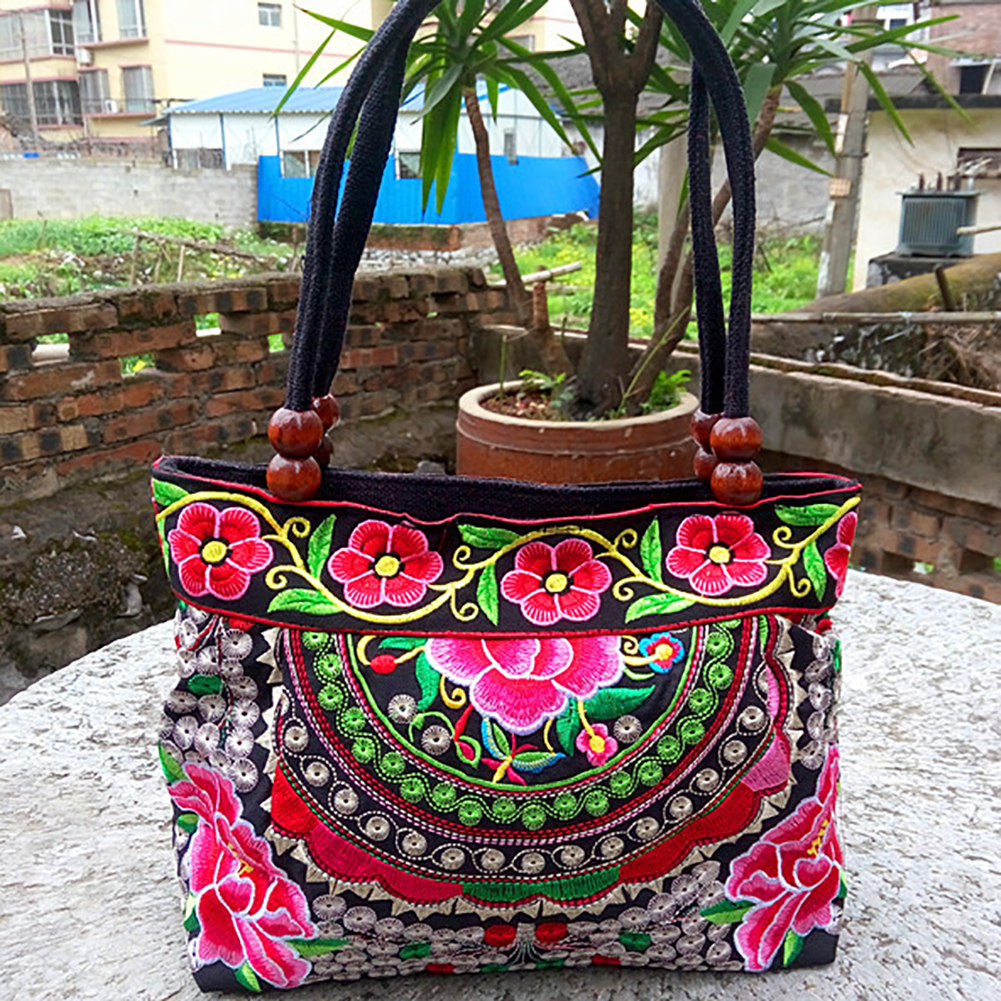 Borduurwerk Etnische Reizen Schoudertas Vrouwen Tassen Handgemaakte Dubbele Geconfronteerd Bloem Vintage Geborduurde Canvas Hout Kralen Handtas