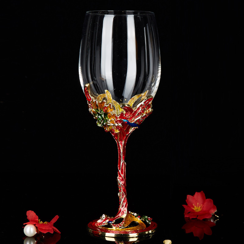 Krystal champagne rødvinsglas høj fod emalje kop gifte dekoration fugl form bæger