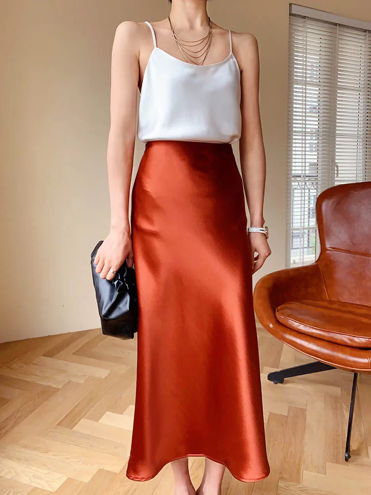 Silke satin nederdele til kvinder højtaljet nederdel kvinder a-linje nederdele sommer pink midi nederdel koreansk stil: M / Rød
