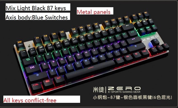 Metoo Backlight Mechanical Keyboard Blue Switch 87 Keys LED USB Wired Anti-Ghosting Gaming Keyboard Russian sticker: Mix light black 87