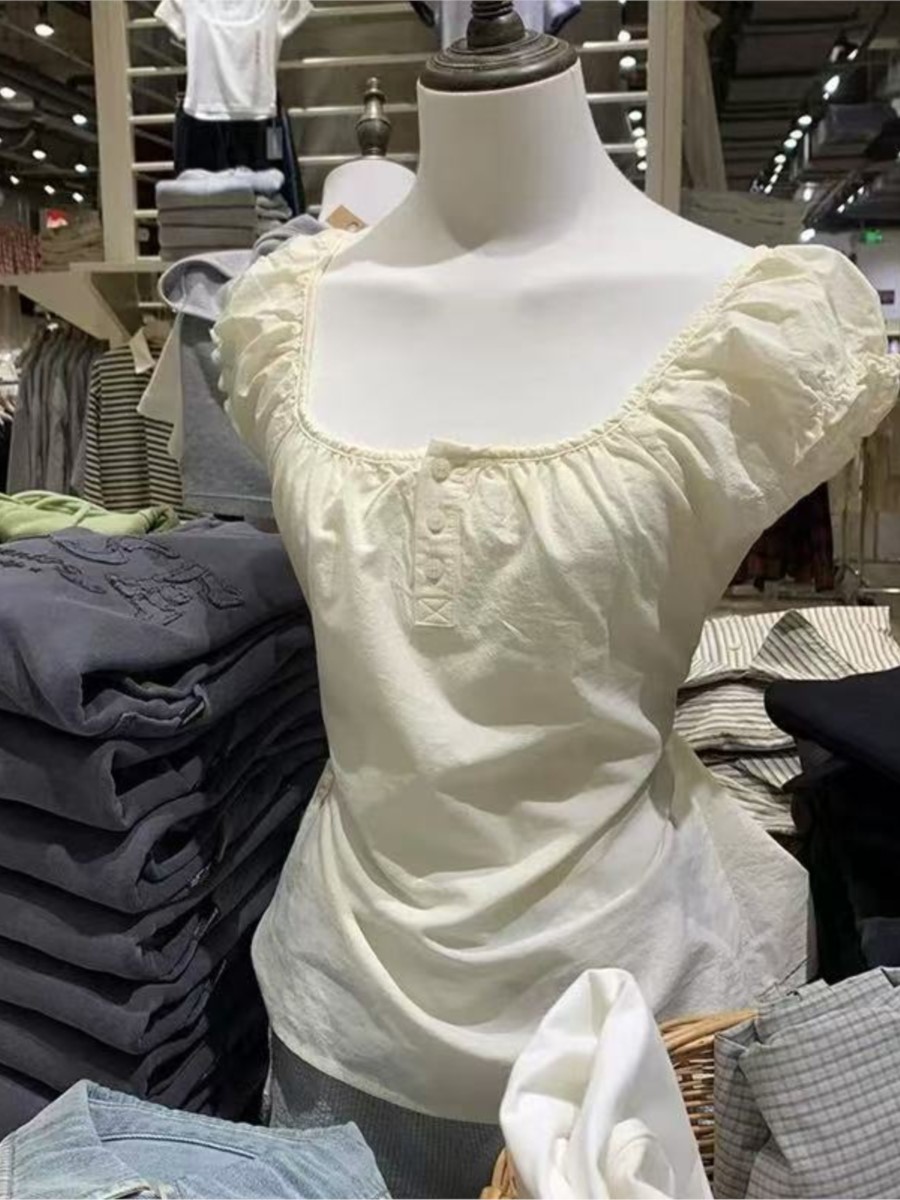 Gule t-shirts med snøre og flæseærmer til kvinder, sommer, enkle, afslappede, hør-bomuld, u-hals, knapper, søde, preppy-stil t-shirts