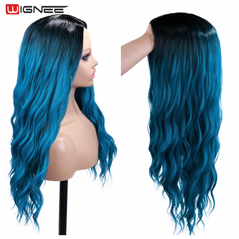 Wignee longo ondulado fibra azul perucas sintéticas parte média resistente ao calor para cabelo natural feminino diário/festa/cosplay party perucas