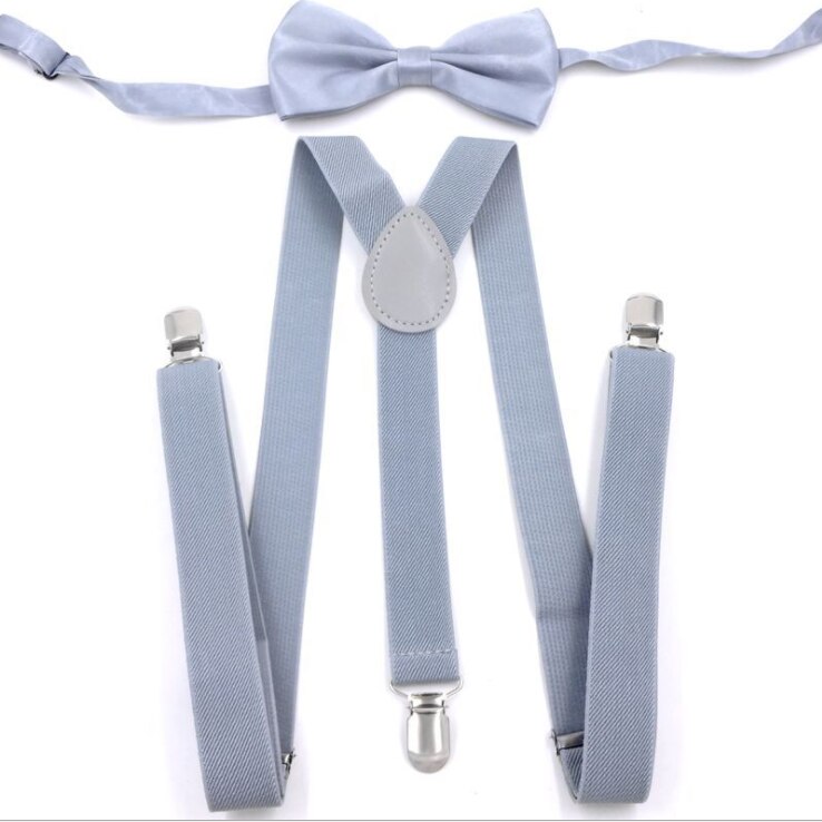Effen Kleur Man Riem Bowtie Set Mannen Vrouwen Bretels Polyester Y-Back Bretels Twee Kleuren Strikje Verstelbare elastische: Grijs