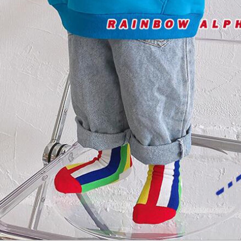 Calcetines para niños de algodón transpirables suaves, primavera y otoño, rayas del arco iris hasta la rodilla, ropa para niñas pequeñas, calentadores de piernas para niños