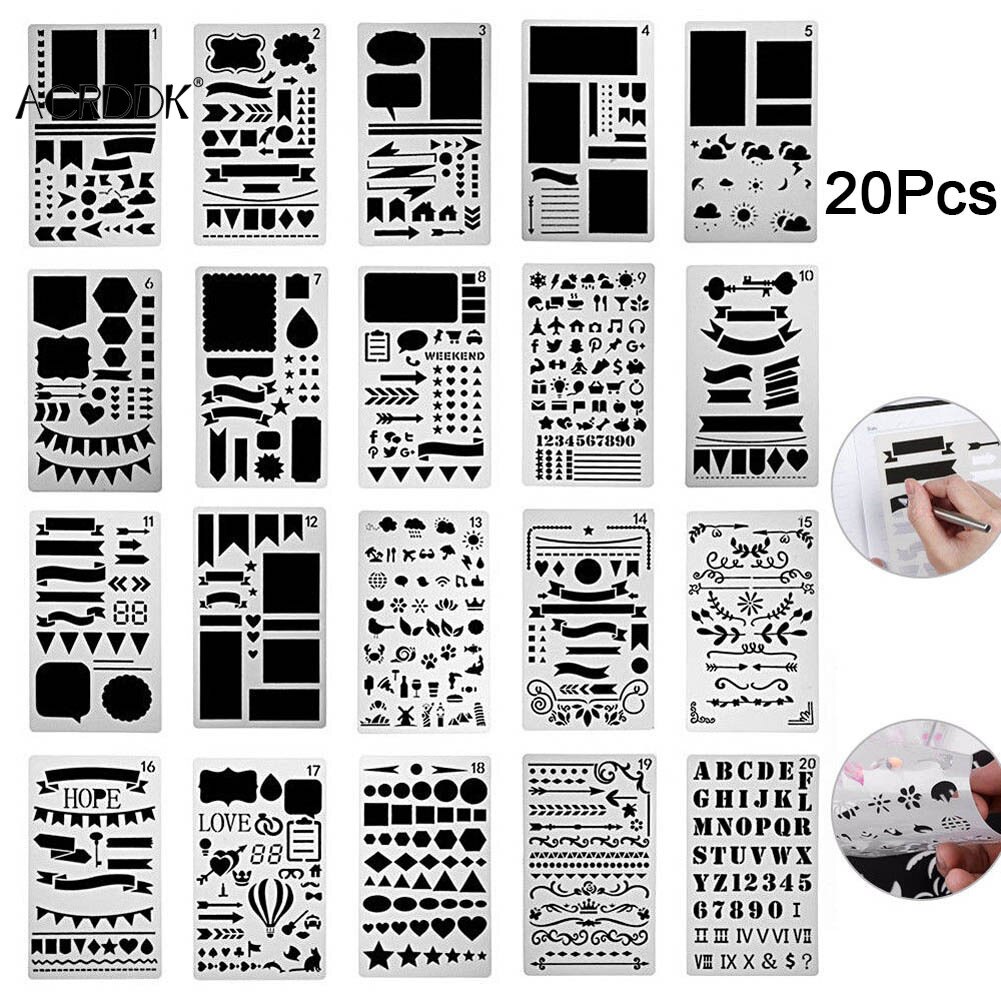 12/20 Pcs Bullet Journal Stencil Set Plastic Planner DIY Drawing Template for Diary Notebook Scrapbook FL: 20pcs