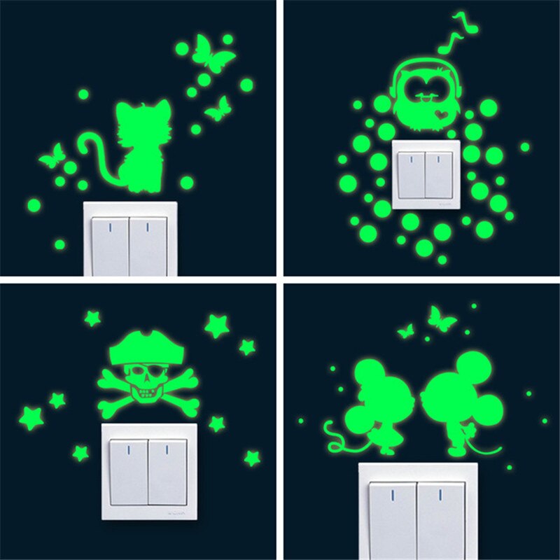 Lichtgevende Cartoon Schakelaar Sticker Nacht Slaapkamer Fluorescerende Sticker Kat Schedel Uil Kid Kamer Decoratie Woondecoratie
