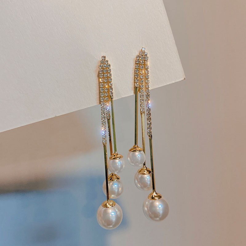 Trend Simulatie Pearl Lange Oorbellen Voor Vrouwen Geometrie Bruiloft Hanger Oorbellen Koreaanse Sieraden Goede Oorbellen: Tassels Pearl White
