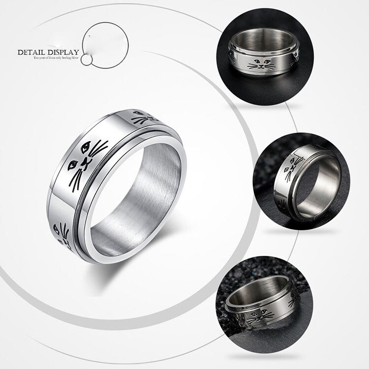Cat Ring for Women and Men Stainless Steel Spinner Rotatable Animal Love 8MM Rings Trendy Charm Jewelry US Size 6-11