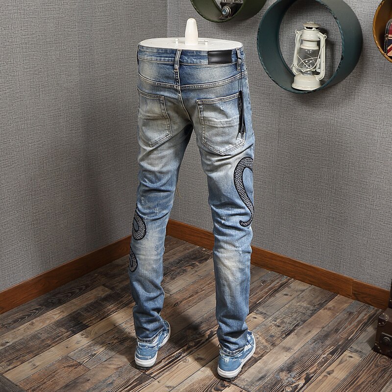 Streetwear Men Jeans Slim Fit Snake Embroidery Ripped Jeans Men Destroyed Punk Pants Hip Hop Jeans