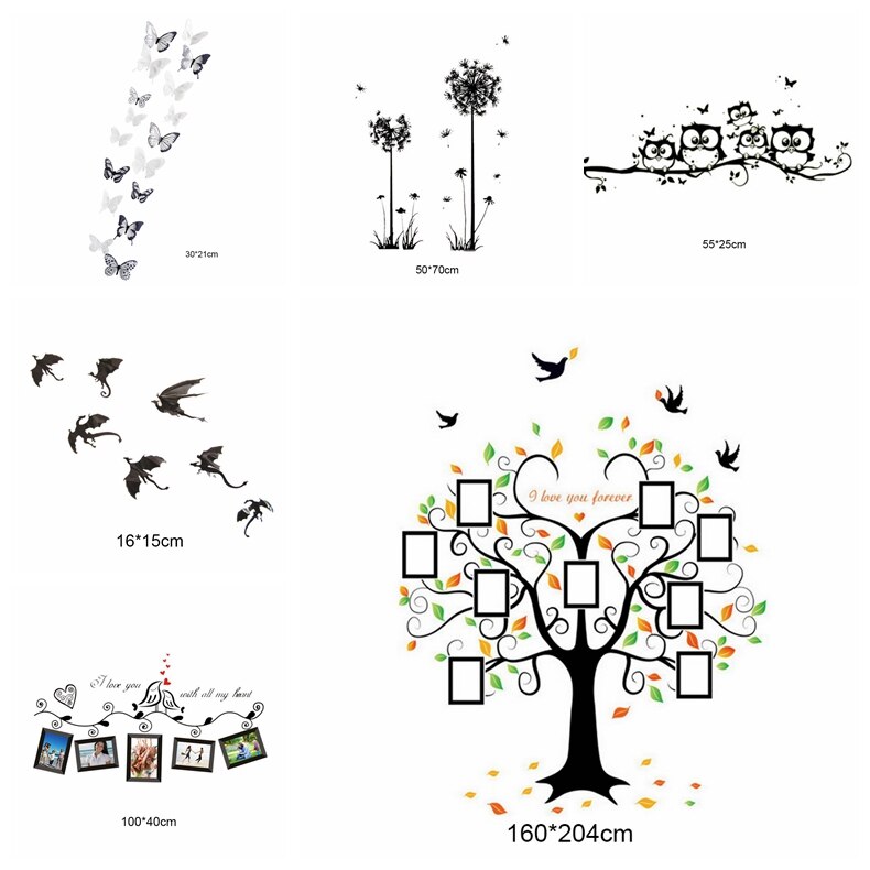 URIJK cadre Photo famille citations Stickers muraux cadre arbre papillon pissenlit Stickers muraux salon verre fenêtre décor & 7