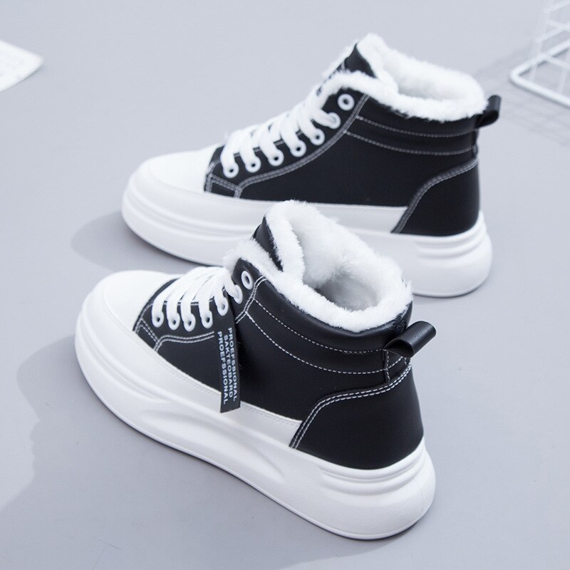 Swyivy bontschoenen dames witte sneakers winter pluche bont warme sneeuwlaarzen platform dames witte enkellaarsjes met bont: Zwart / 36