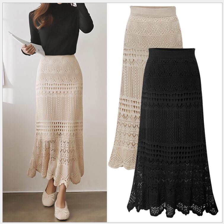 Jupes longues tricotées ajourées pour femme, Version élégante, tailles S à 5XL et 6XL, collection automne et hiver