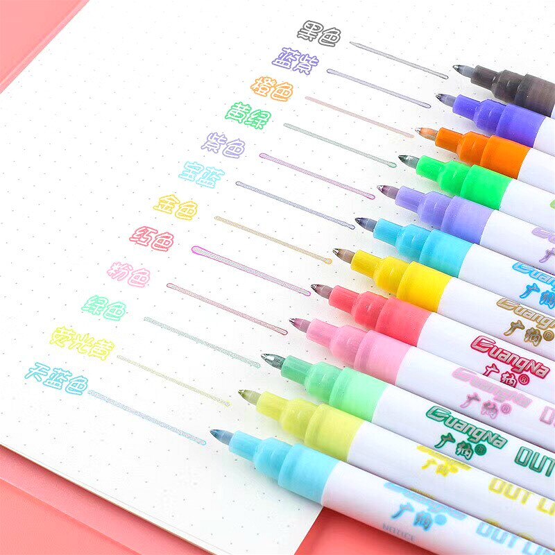LLD 12Colors Metallic Double Lines Highlighter Out Line Pen Stationery Art Drawing Art Marker Calligraphy Lettering Scrapbooking