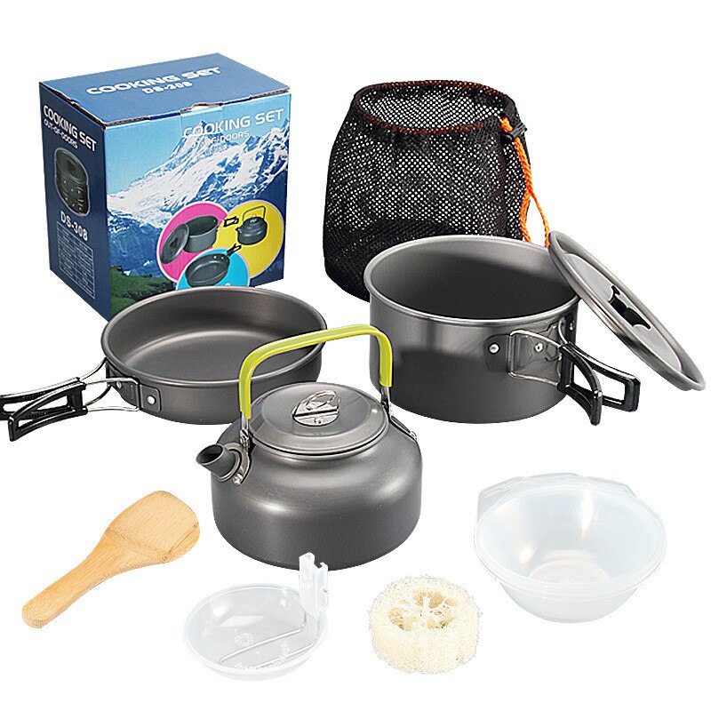 Juegos de utensilios de cocina para acampar, Kit de cocina antiadherente, antiadherentes ollas, vajilla plegable para senderismo, Picnic, mochilero