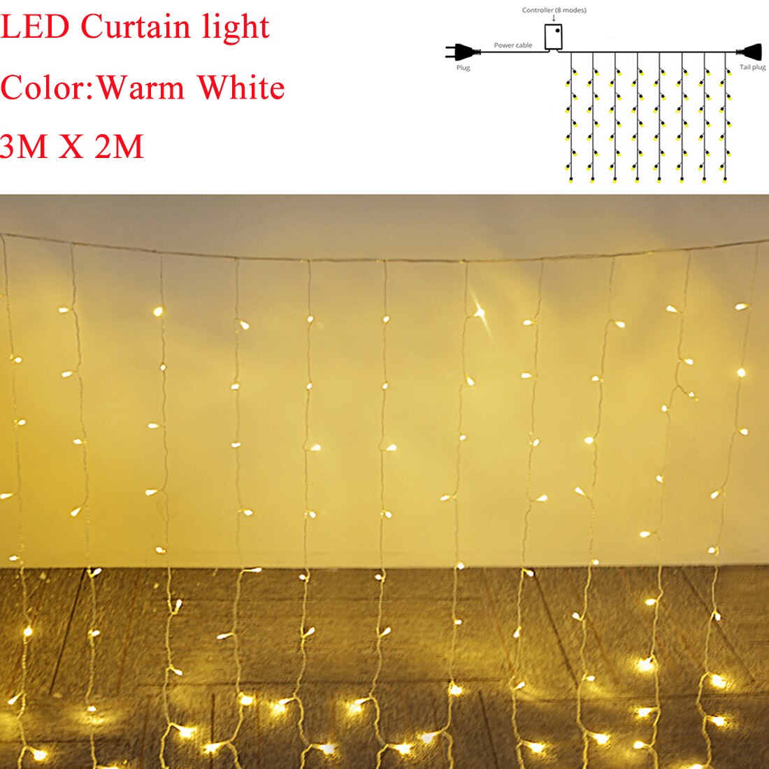 Waterproof LED String Lights 1X3M 2X3M 3X3M 2X2M Outdoor Garden Lamp fairy leds Indoor Bedroom led lights for Home decor curtain: Warm White 3mx2m / AC110V US Plug