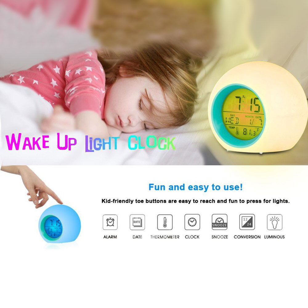 Multifunktionella barn barn väckarklockor färgskiftande led-ljus väckning klocka termometer snooze funktion digital skrivbordsklocka