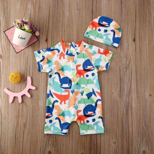 Zomer Badpak Peuter Baby Kid Jongen Zon Beschermende Badmode Rash Guard Kostuum Korte Mouwen Dinosaurus Kleurrijke Badpak