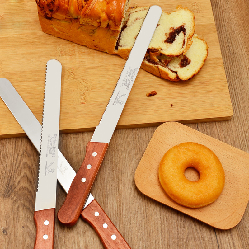 10 Inch Stainless Serrated Bread Knife Wooden Handle Long Baguette Cutter Cake Knife Kitchen Accessories Baking Tools