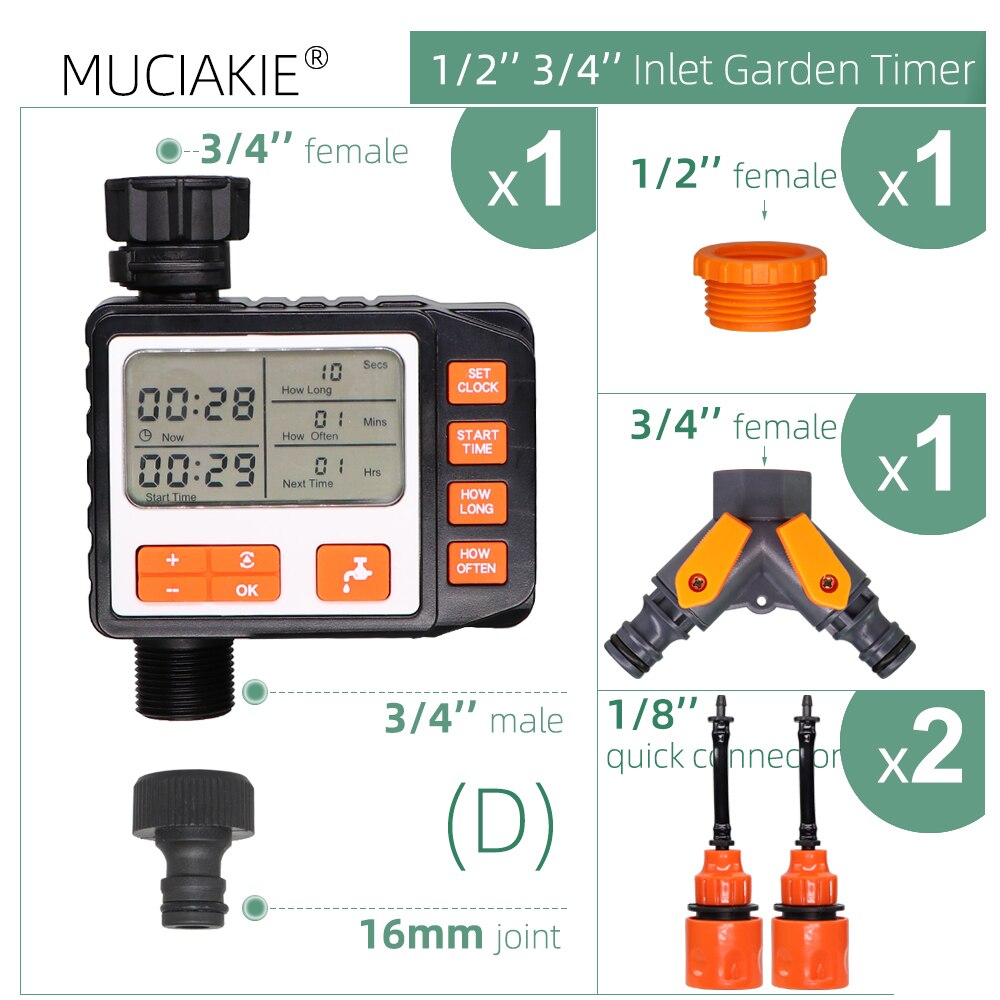 Temporizador de riego por goteo para jardín, controlador Digital programable automático, válvula solenoide, sistema de aspersores para invernadero doméstico: D