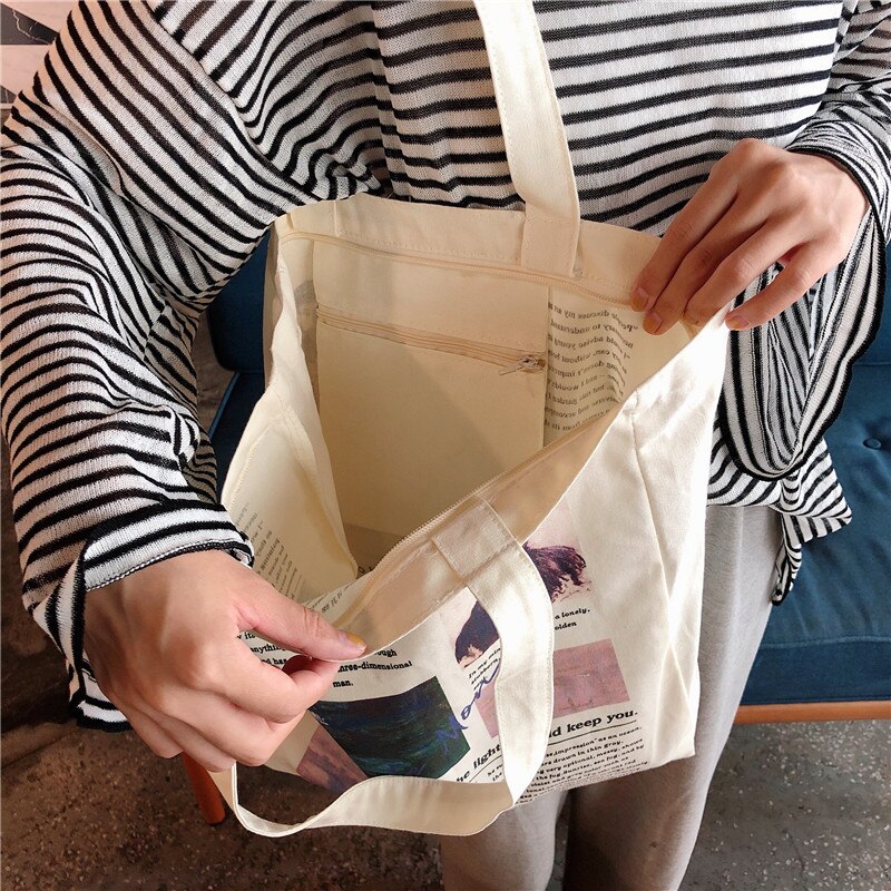 Van Gogh Monet Print Vrouwen Tassen Eenvoudige Milieu Schouder Shopper Handtas Meisjes Rits Wasbaar Canvas Tas Bolsas