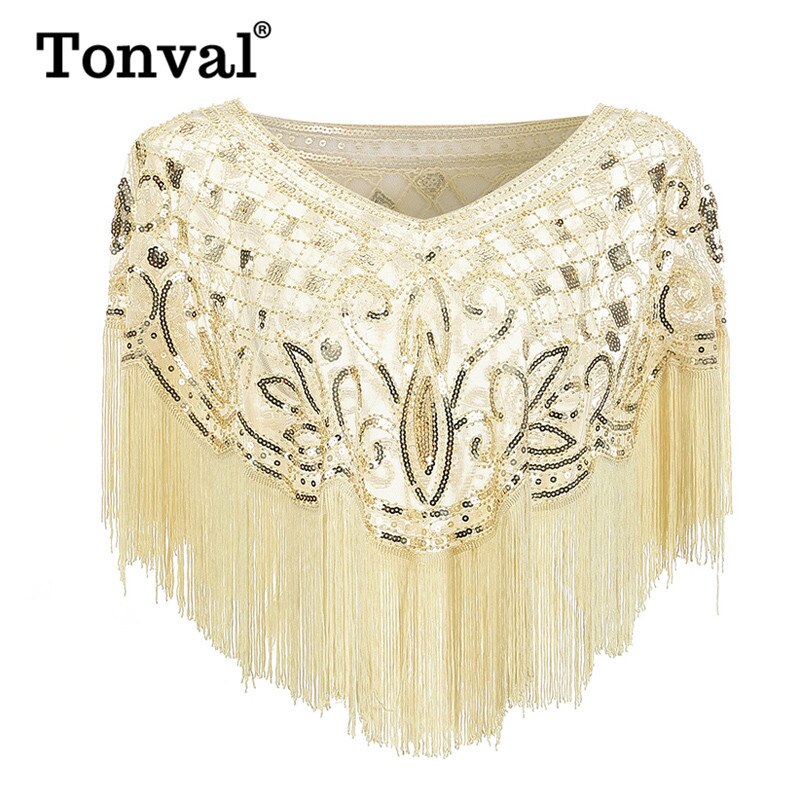 Tonval Vintage 1920s Scarves Pashmina Tassel Beaded Flapper Shawl Women Luxury Sequin Mesh Cape Cover Up Shawls and Wraps