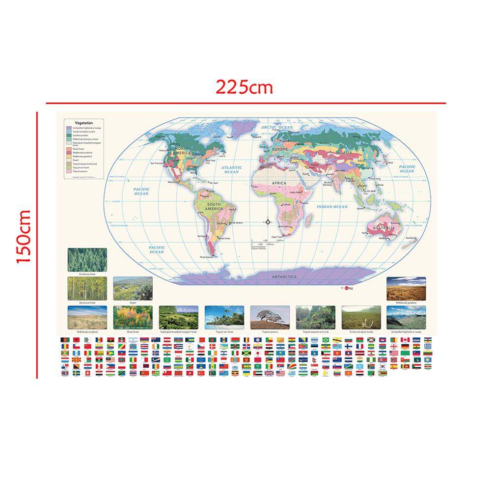 De Wereldkaart Met Vegetatie Kaart En Nationale Vlaggen 150X225 Cm Non-woven Waterdichte Wereldkaart