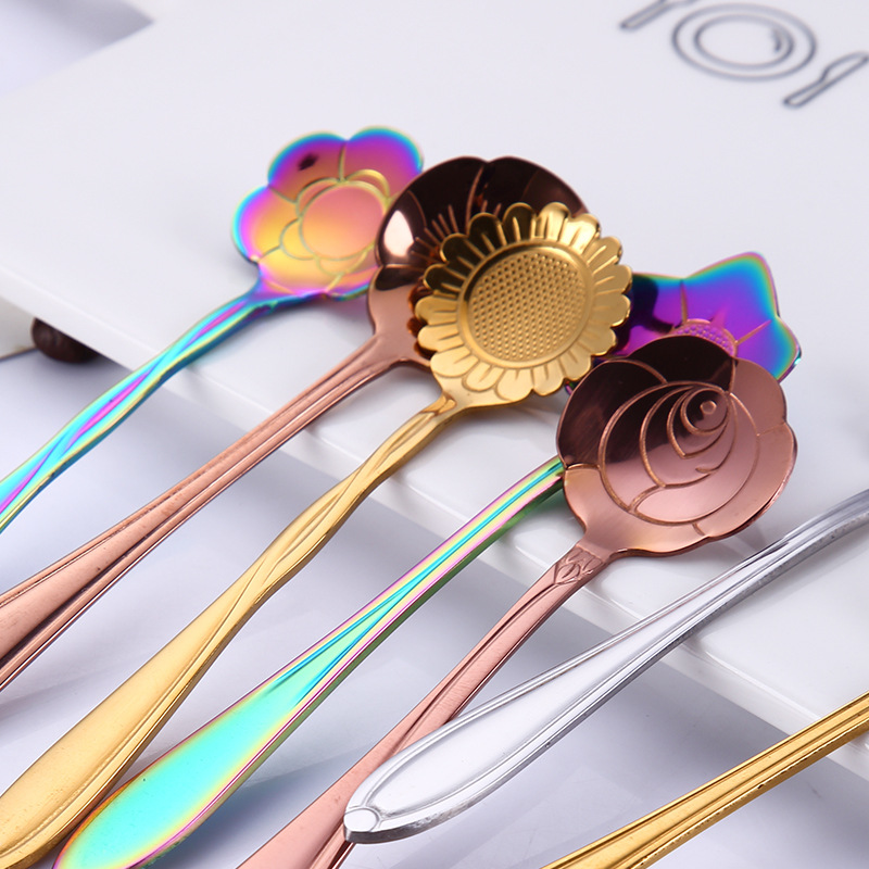 8/6Pcs Coffee Spoon 304 Stainless Steel Rainbow Stirring Milk Teaspoon Dessert Ice Cream Spoon Tableware Flowers