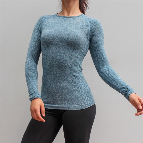 Camiseta deportiva de manga larga sin costuras con agujero pulgar ropa deportiva para mujer ropa de gimnasio camisetas de entrenamiento ropa de Yoga femenina: Blue / L