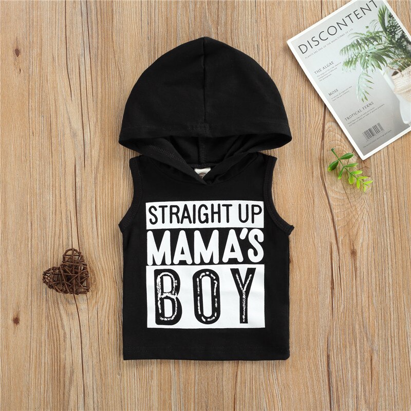 Peuter Jongen Kleding Zomer Kids Jongens Mouwloos Hooded Tops Katoen Zwart Brief Print Tshirts