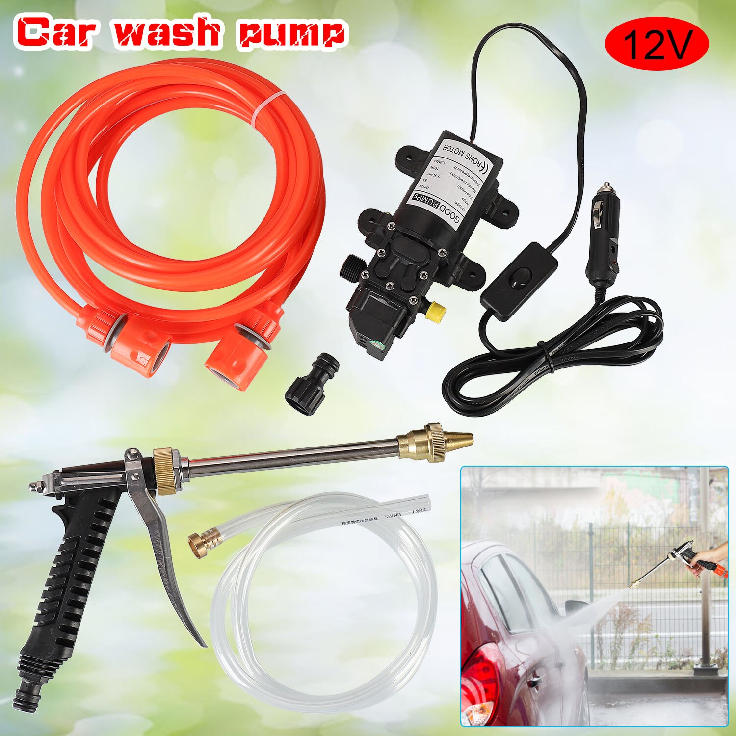 Portable 12V Car High Pressure Washer Water Pump Kit Jet Wash Cleaner Hose Van ​100W Washing Pump