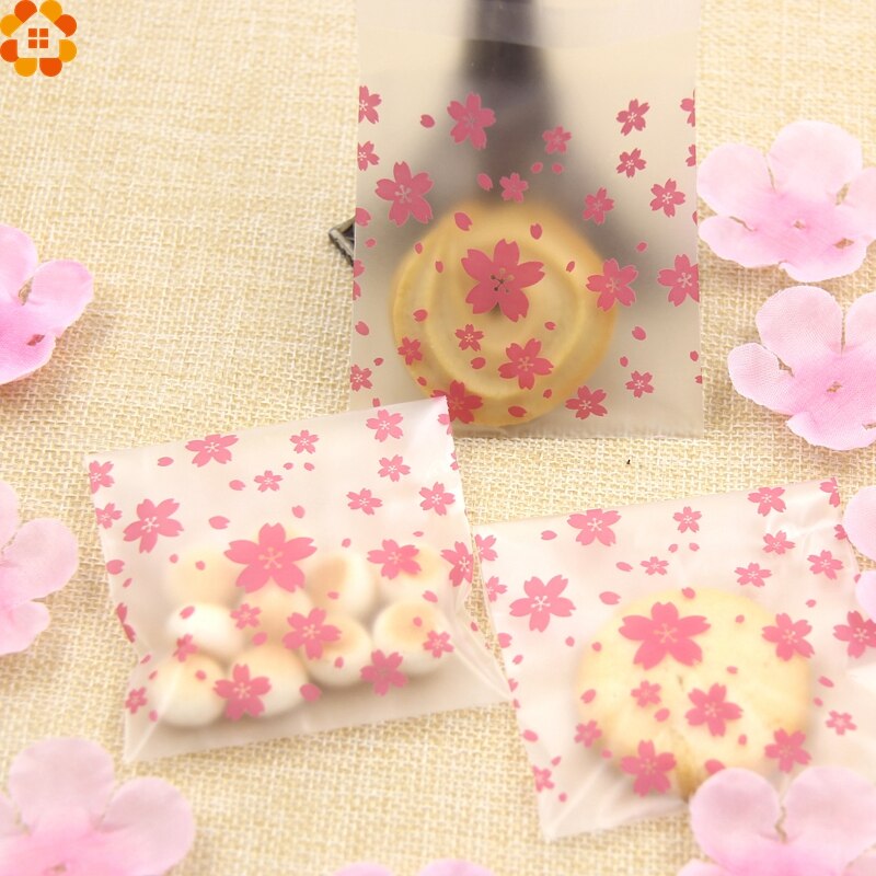 100 st/lot 3 storlekar härliga rosa körsbärsblommor kaka & godispåse självhäftande plastpåsar för kex snacks bakpaket