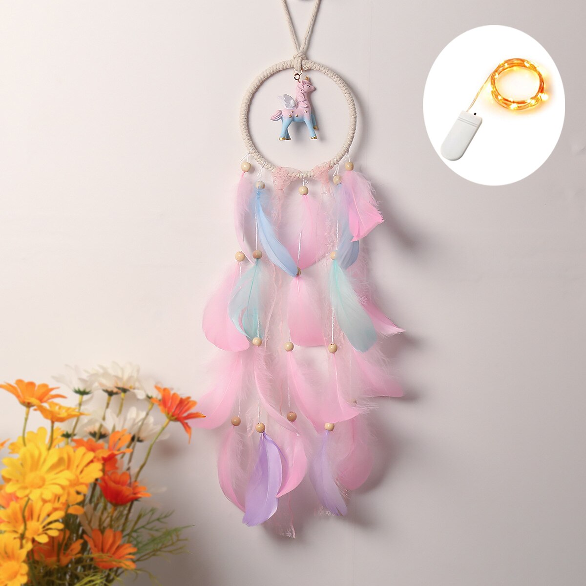 Girls Unicorn Dream Catcher Pastel Rainbow Dreamcatcher Wall Hanging Kids Roome Decoration Nursery Decor Baby Shower Girls: with light