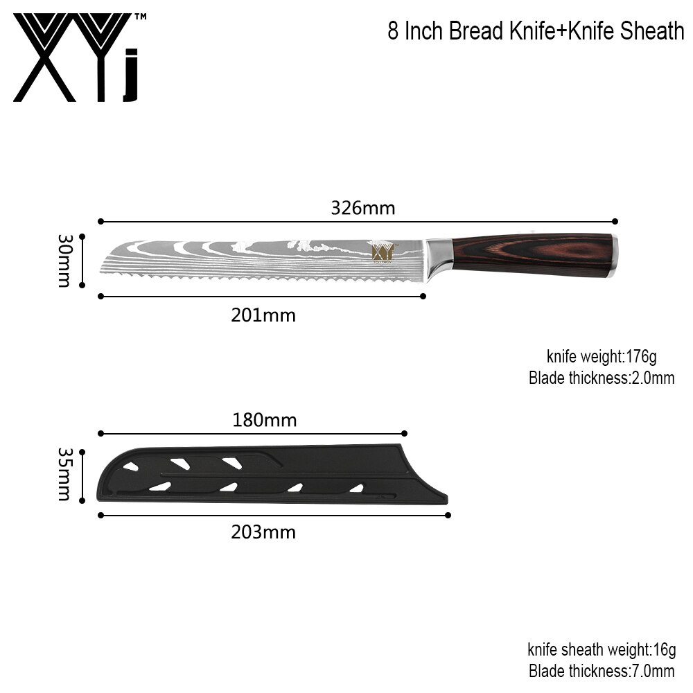 Xyj køkken brødkniv 8 tommer savtakket brødknive rustfrit stål skivekniv til brødskål dæmper bagningskniv værktøj