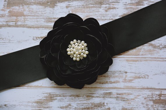 Black satin flower sash Women Belt Rhinestone Wedd