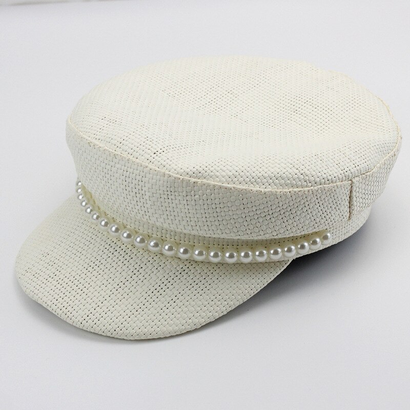 Kvinders britisk stil bomuldslinned vævet strik beret cap flad cap efterligning perle marineblå hat