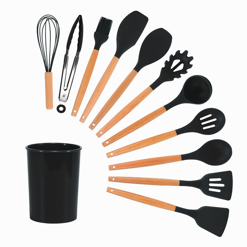 Silicone cuisine ustensiles de cuisine ensemble antiadhésif résistant à la chaleur ustensiles de cuisine manche en bois cuillère soupe louche ustensiles de cuisine Gadget de cuisson: 12PCS Black