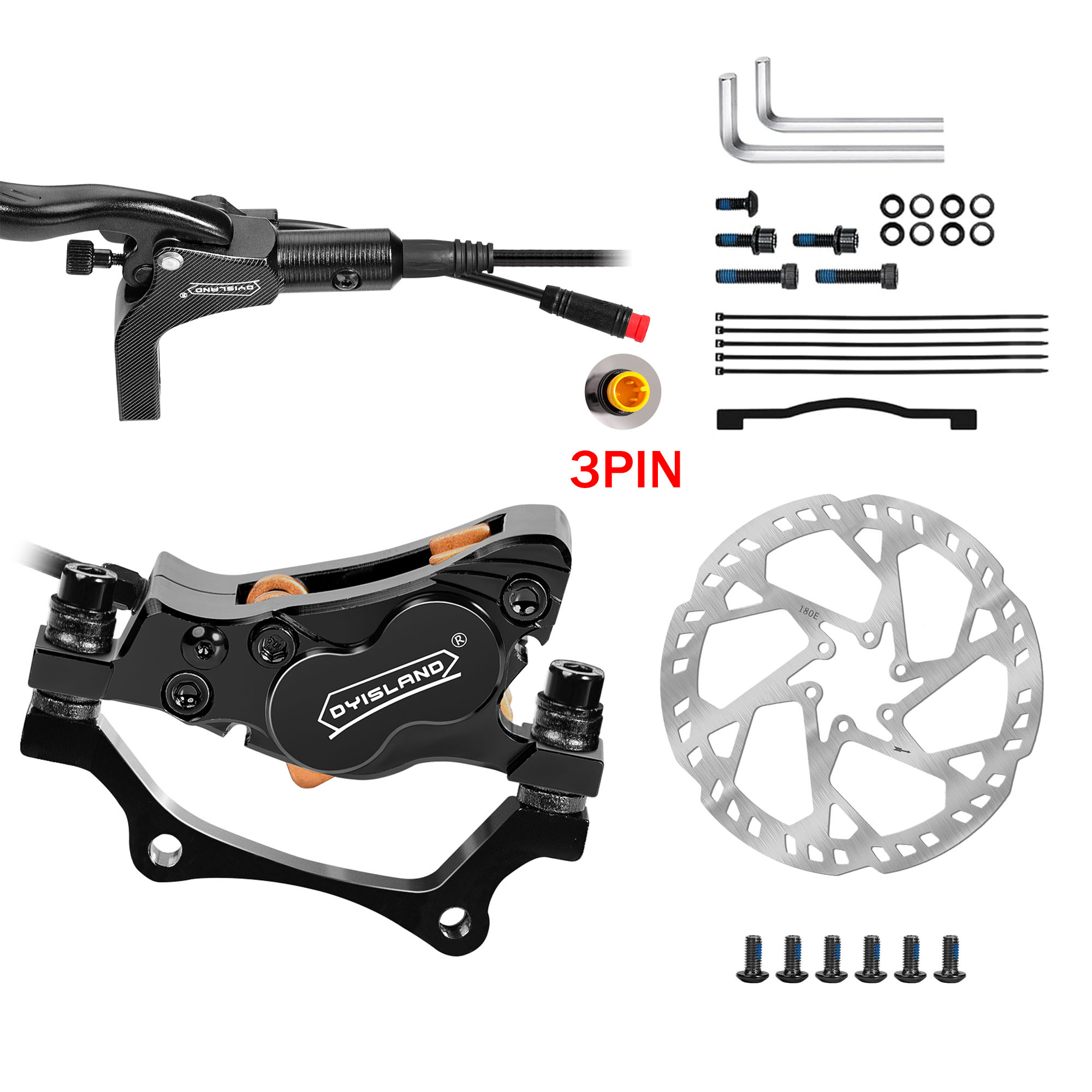 DYISLAND 4-Kolben-E-Bike, hydraulische Scheibenbremse, rechts hinten, Einzelsatz oder links vorne, Einzelsatz mit 180 mm 2,3 mm Rotor: YELLOW