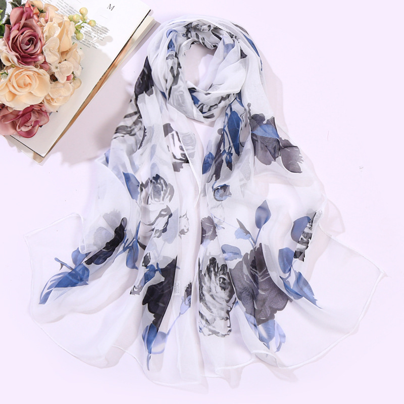 Foulard en mousseline de soie Georgette pour femmes, fleur de Rose, Foulard pour femmes, châle, Bandana , Protection solaire pour la plage: White