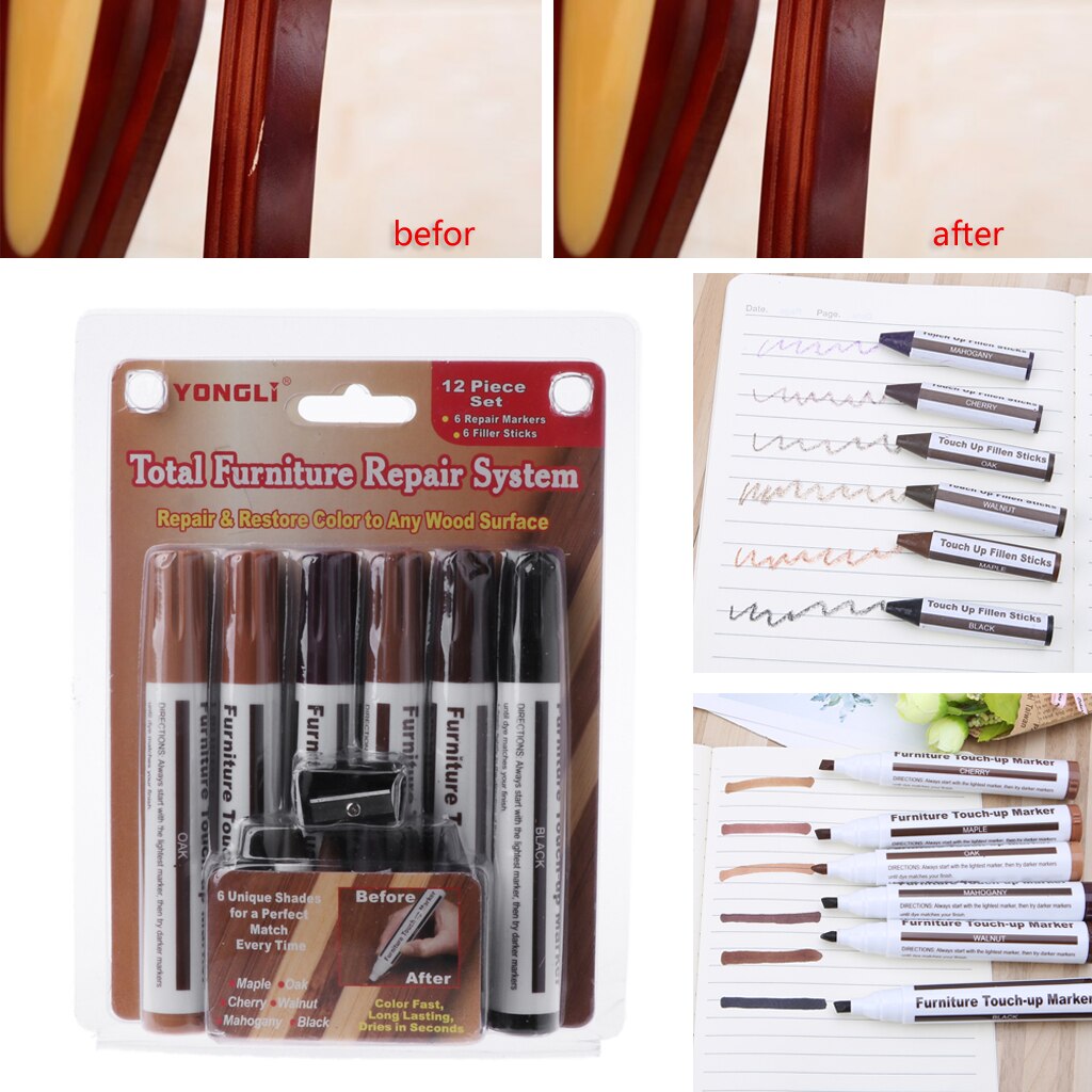 Wood Repair System Kit Filler Sticks Touch Up Marker Floor Furniture Scratch Fix Hides Scratches, Gouges and Worn Edges