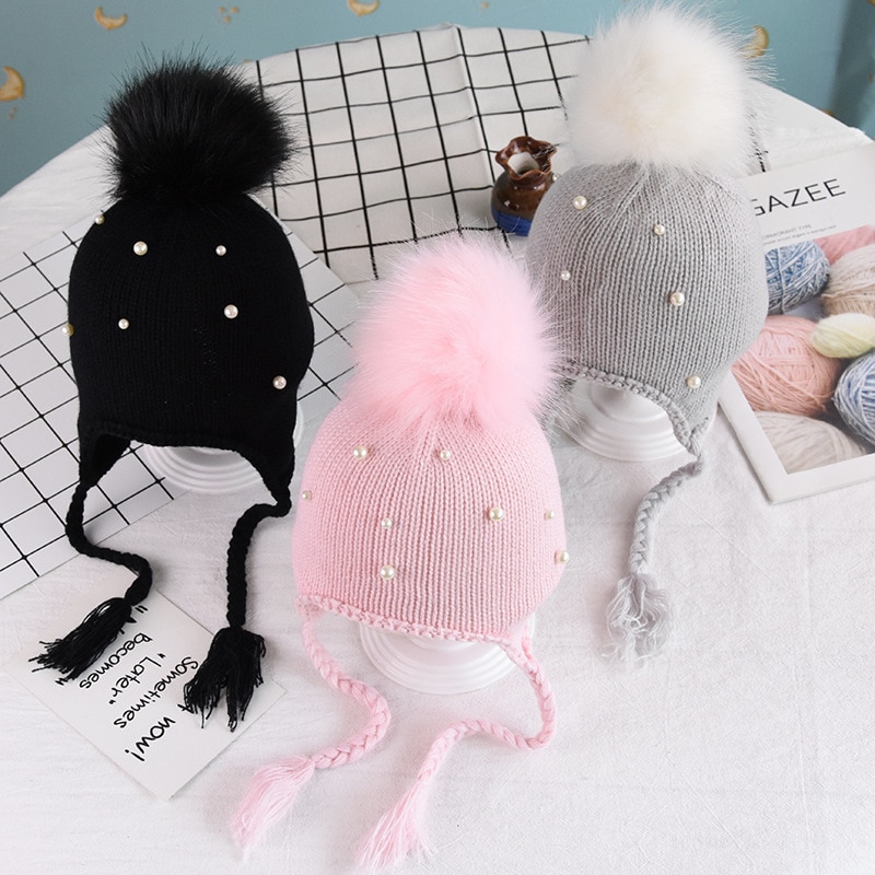 Söt baby mössor keps barn virka vinter varma stickade mössor barn keps bebis pojke flickor pärla hår boll öronsnäcka hatt