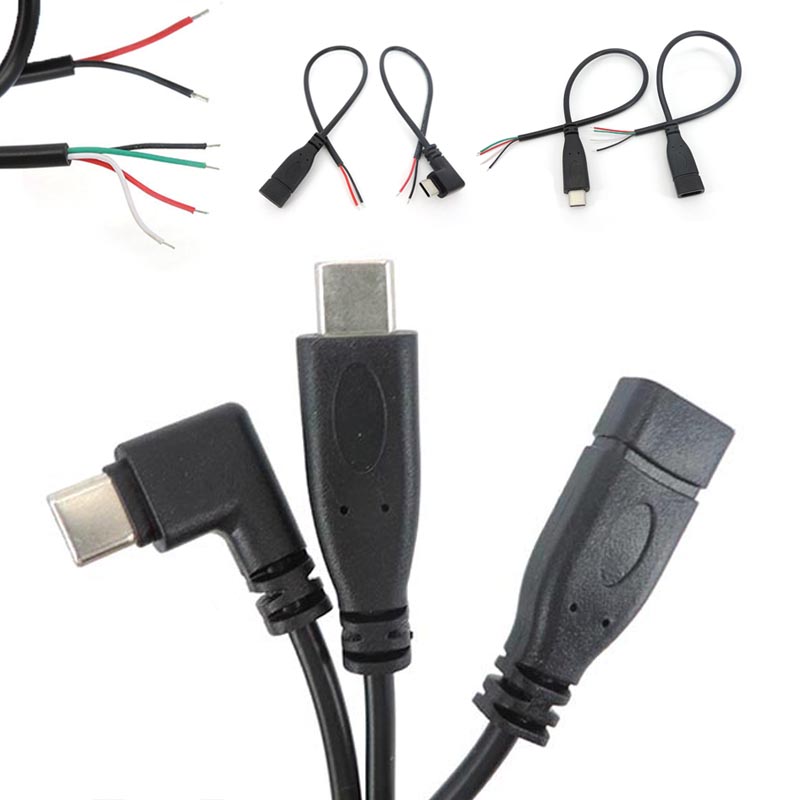 0.25M Draad 2 4 Pins Kern Usb 2.0 Type C Mannelijke Vrouwelijke Kabel Haakse Stekker Verlengstuk Diy Reparatie Data Opladen 25Cm U