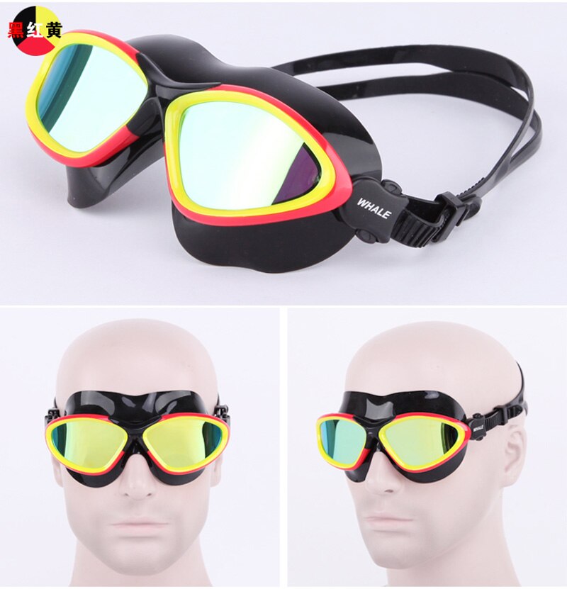 Hval anti-tåge linse vandtæt svømmebriller briller spejl belægning mænd kvinder store ramme svømningsbriller: Gul rød