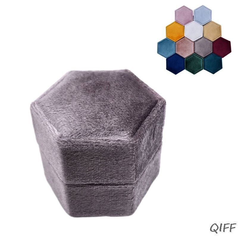 Velvet Double Ring Box Hexagon Wedding Ceremony Ring Box for proposal, engagement, wedding with Detachable Lid: G