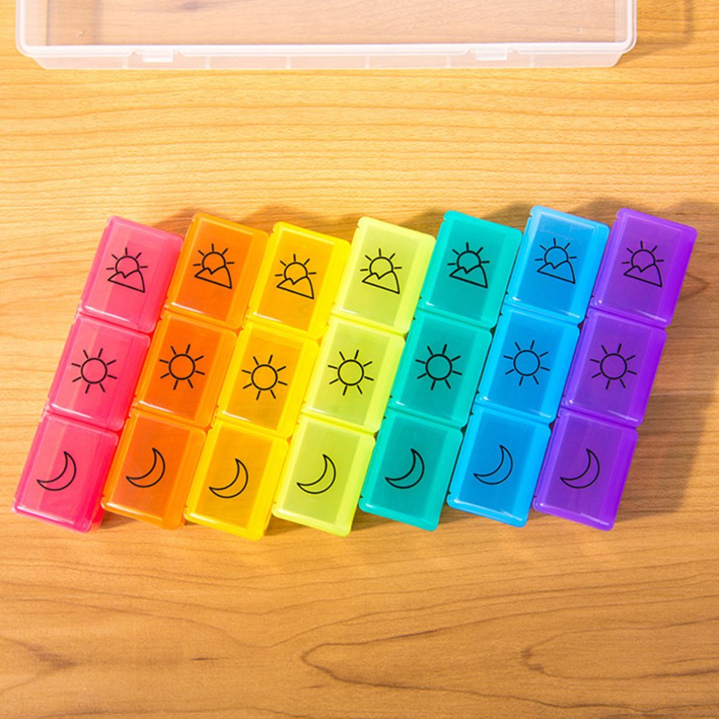 Vochtbestendig 21 Raster Kan Worden Split 7 Dagen Reizen Plastic Draagbare Geneeskunde Doos Verticale Kast Type Zeven Kleur Pil doos