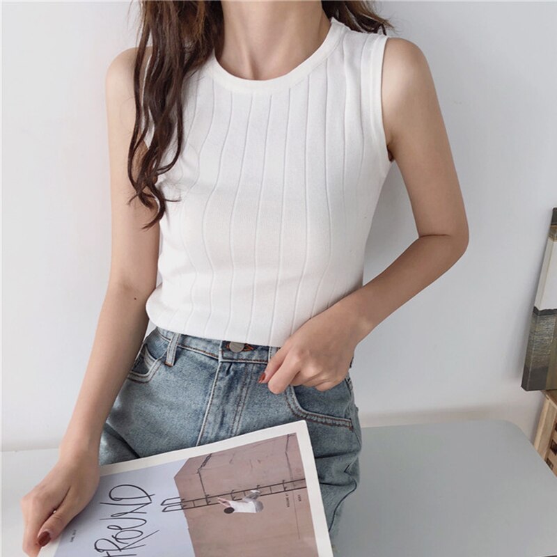Mujer sorte tank tops kvinder sommer top elasticitet hvid strikket stribet afslappet dametøj camiseta haut femme verano
