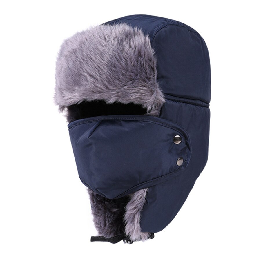 invierno ruso sombrero de algodón de las mujeres invierno/retro invierno Casual Hombre es trampero sombreros de gorros con pelo de piloto de bombardero sombreros máscara: navy