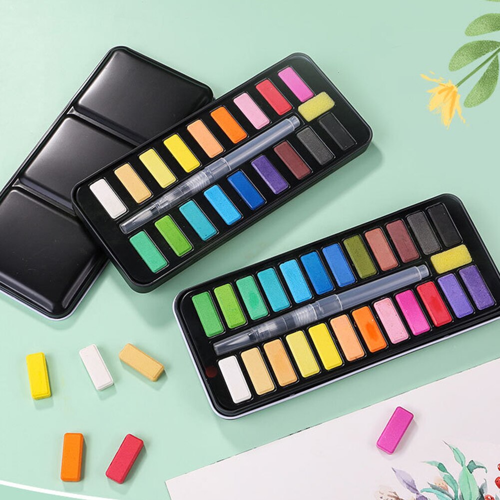 Superior Solid Watercolor Paint Set 12/18/24 Colors Foldable Travel Painting Pigment With Water Brush Pen Students Art Supplies