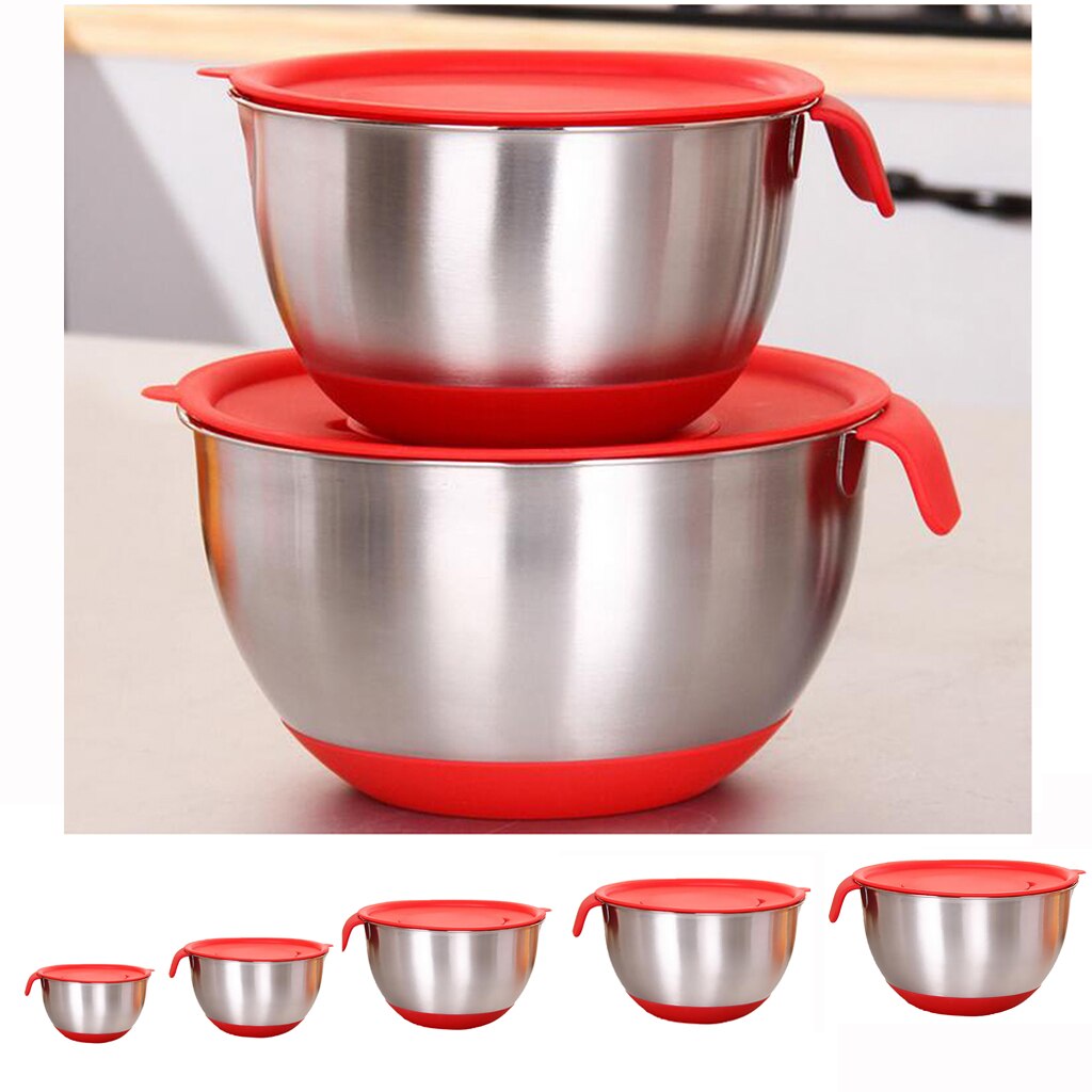 Stainless Steel Mixing Bowl Set with Non-Slip Silicone Bottom, Handle, Lid, Measurement Marks, 5 Sizes Chooese