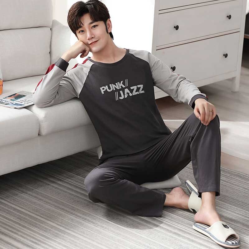 SONG Spring Autumn Long Sleeve Pajama Sets 2 Pieces Print Home Wear Leisure Warm Pyjamas Men's Sleepwear Young